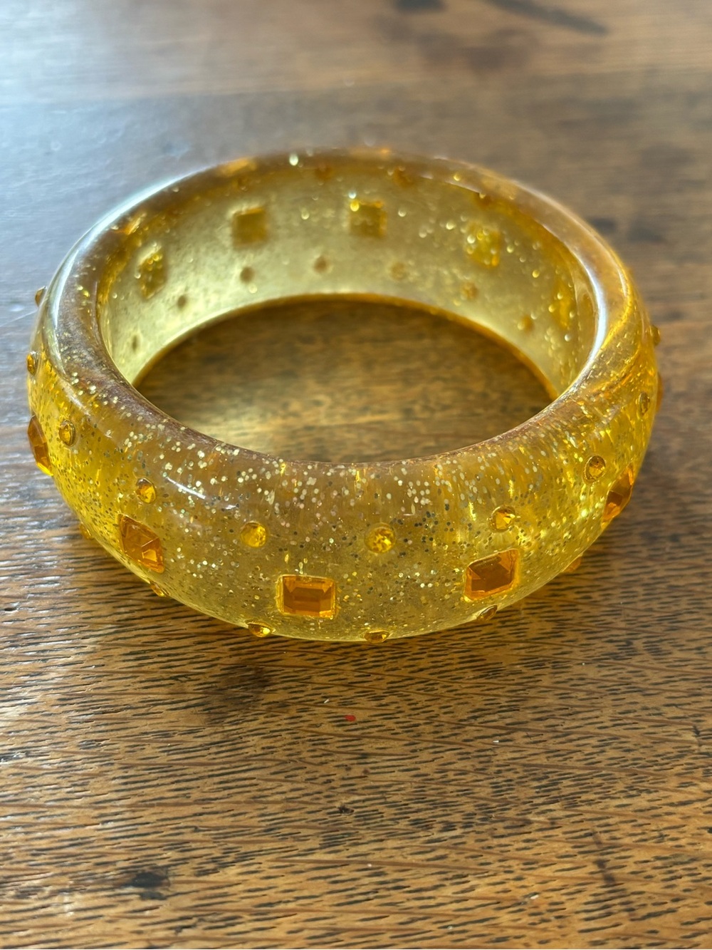 Sparkling Yellow Lucite Resin Wide Bangle Bracelet with Faceted Accents